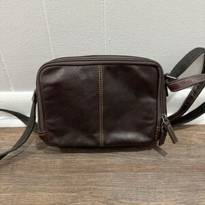 Jack Georges‎ Voyager Double Zippered Crossbody Bag Brown Leather